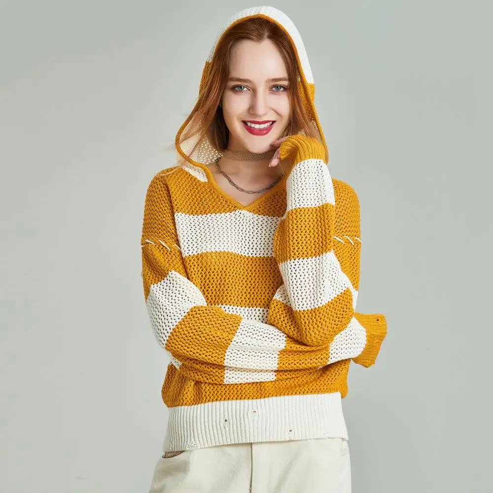 Yellow Новое поступление, Осенний женский полосатый пуловер с капюшоном, свитер, женский свитер с длинным рукавом, женский свободный джемпер M5092 - Цвет: Yellow