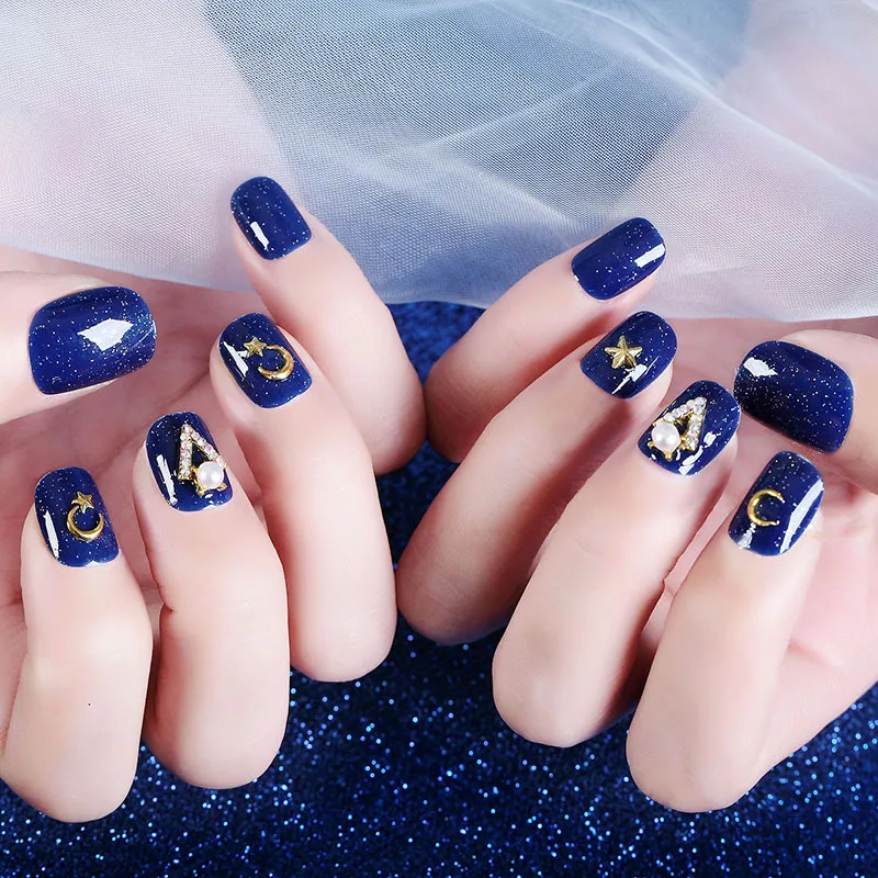24 шт Модные накладные ногти с клеем для девочек синего цвета DIY Nail Art Tips 3D Moon Star style Design наращивание ногтей Короткие