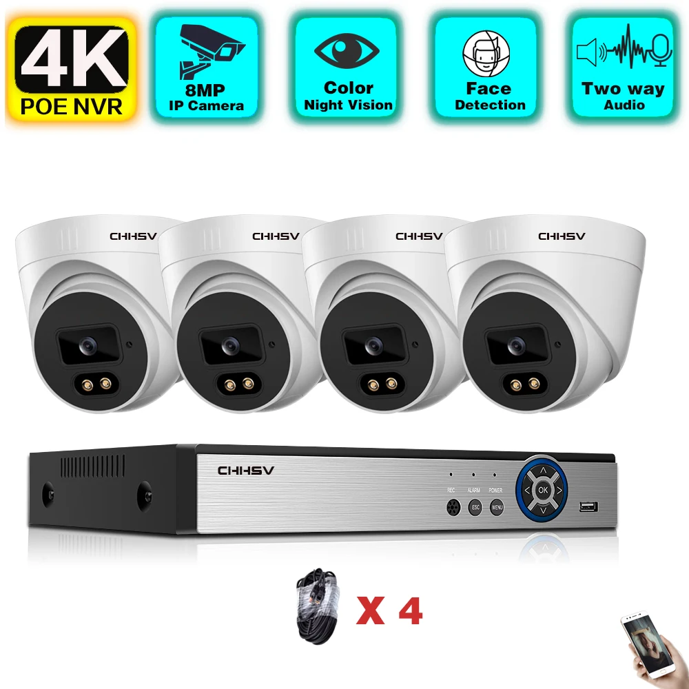8MP HD Color Night Vision CCTV System for Home H.265 4CH NVR Kit 4K POE Two Way Audio Video Surveillance Camera Kits | Безопасность и