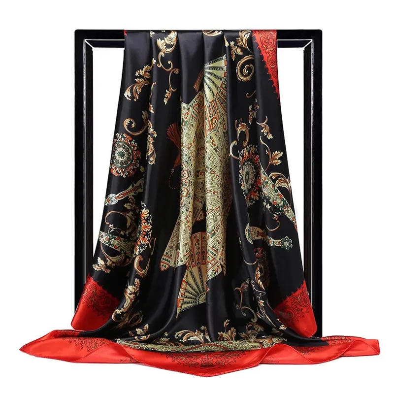 Шелковые шарфы для женщин с принтом Foulard, атласные шарфы с квадратной головкой хиджаб для дам, роскошные брендовые шали 90*90, бандана, большой шарф