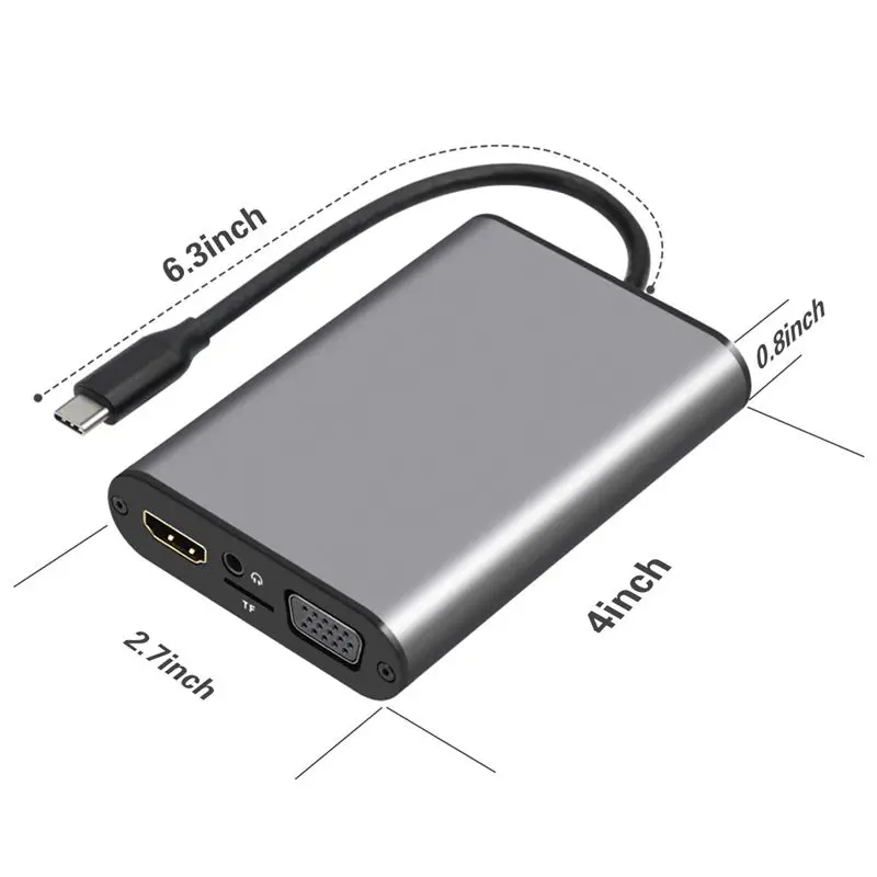 Usb-C концентратор адаптер с Hdmi 4K 30 Гц, Vga, аудио разъем, Ethernet Rj45, Usb 3,0, Tf слот для карт, type-C Pd порт для Macbook Pro