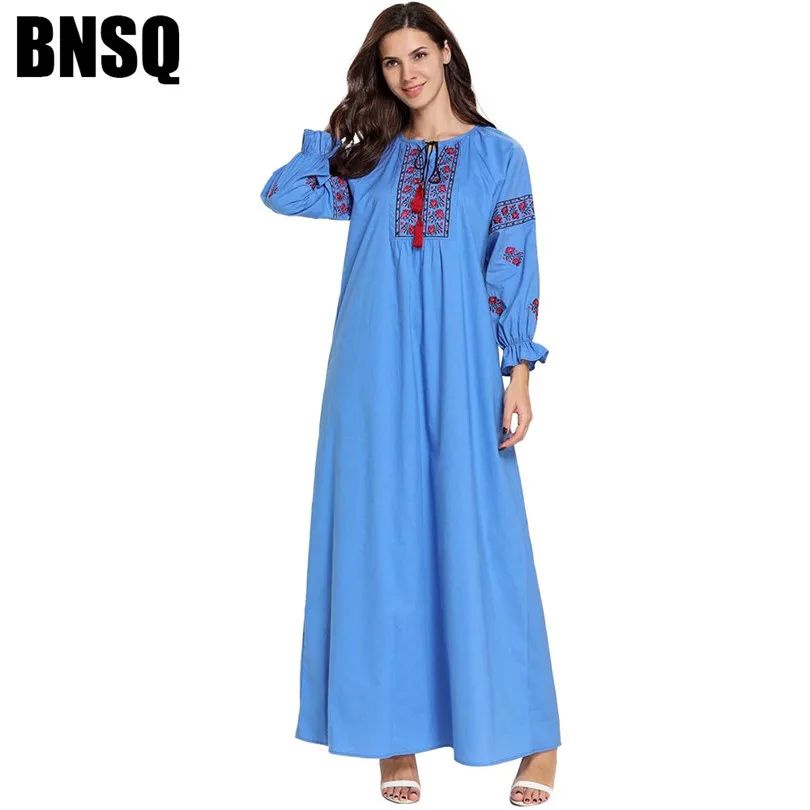 

Ethnic Geometric Floral Embroidery Maxi Dress Colored Tassel Drawstring Women Striped Long Dress Arabic Clothes Summer