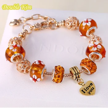 

Charms Bracelet Alloy Letter Orange Beads Gold Color Lobster Clasp Fit Brand Original Bracelets Bangle Fashion Europe Jewellery