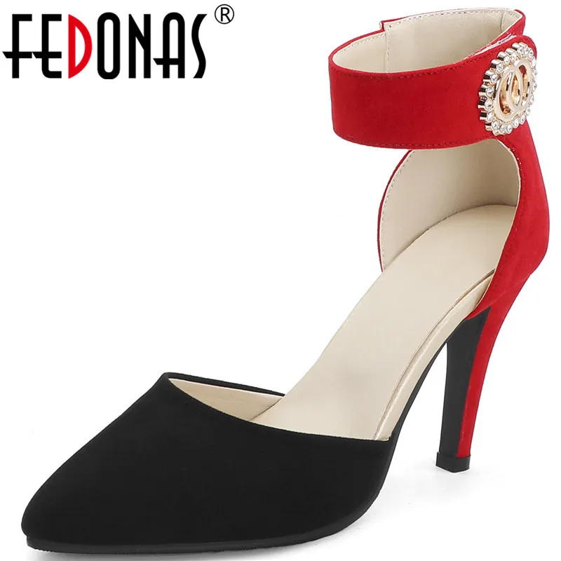 

FEDONAS Suede Leather Women Slip On Pumps Point Toe High Fine Heels RhinestoneSummer Sandals Office Lady Glitters Shoes Woman