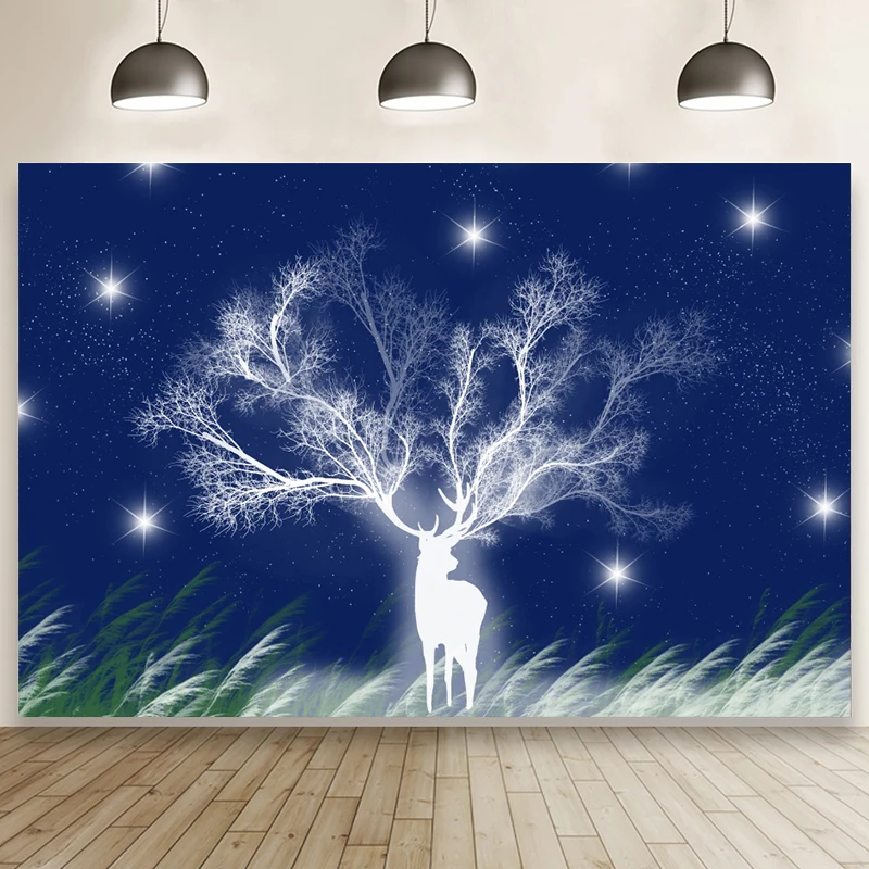 Snowy Night Starlight Merry Christmas Photography Background Festival Kids Room Decor Poster Lucky Deer Tree Grass Sky Backdrop |