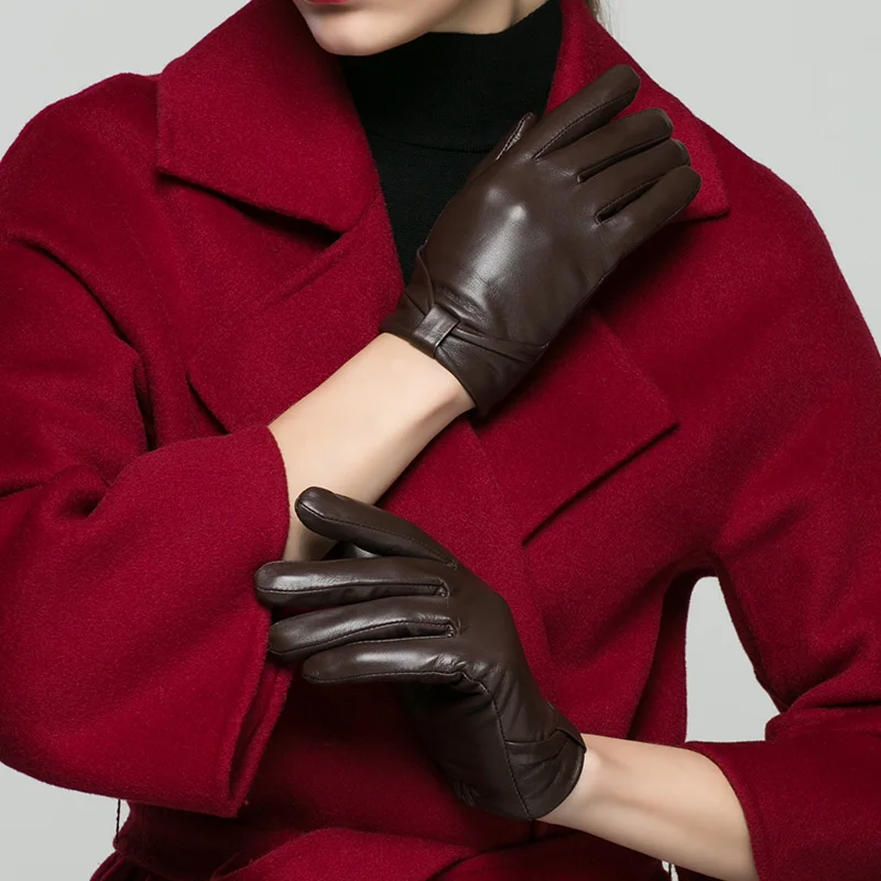 Настоящие Кожаные женские перчатки осень зима короткий стиль тачскрин плюс бархат согреться козья кожа женские перчатки K202