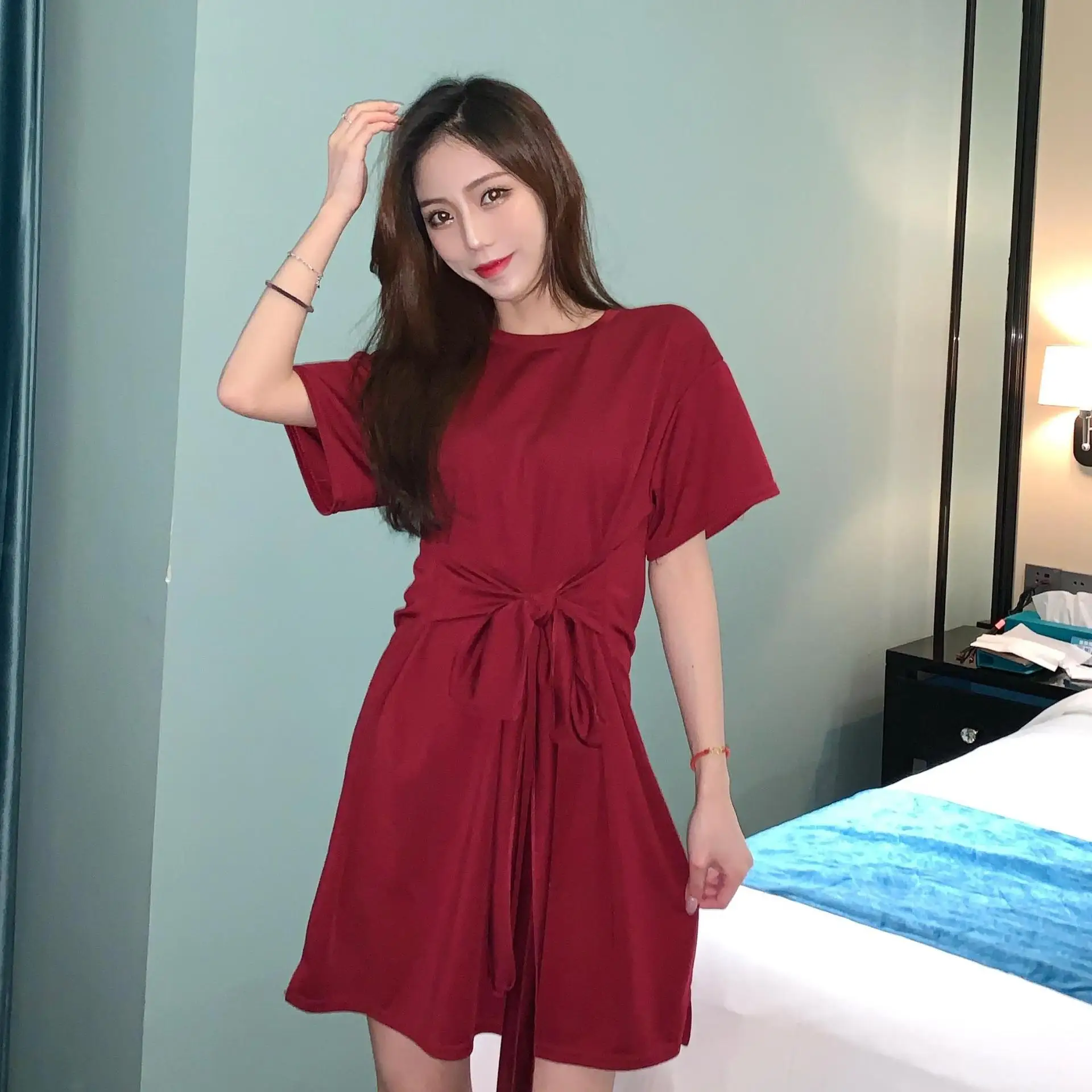 

2020 New Style Spring Clothing Women's Bow fu gu qun Waist Hugging Bandage Cloth Slimming Short-sleeve Dress Women's One-Piece D