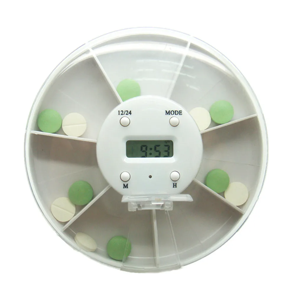 Timer Weekly Alarm Clock Reminder Medicine Useful Storage Digital Round Pill Box Case 9.8x9.8x2CM