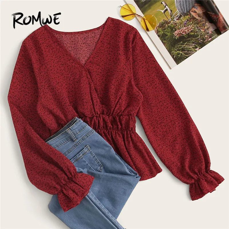 

ROMWE Allover Print V Neck Peplum Blouse Womens Tops and Blouses Spring Long Sleeve Women Blouses Flounce Sleeve Ladies Tops