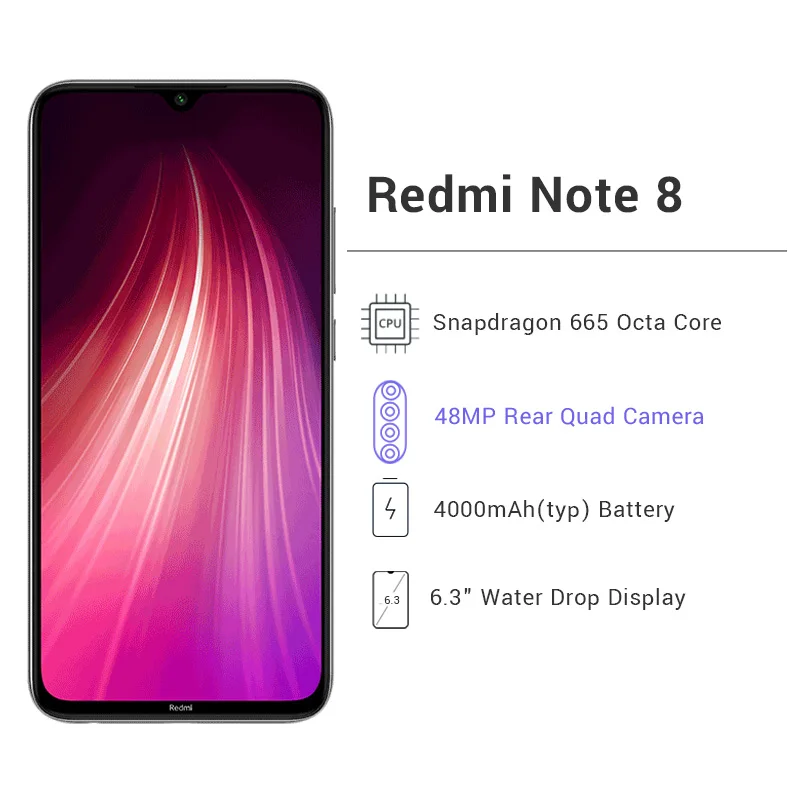 Xiaomi Redmi Note 8 с глобальной ПЗУ, 64 ГБ, 4 Гб ОЗУ, Восьмиядерный мобильный телефон Snapdragon 665, 6,3 дюйма, 48мп, четырехъярусная камера заднего вида, 4000 мАч