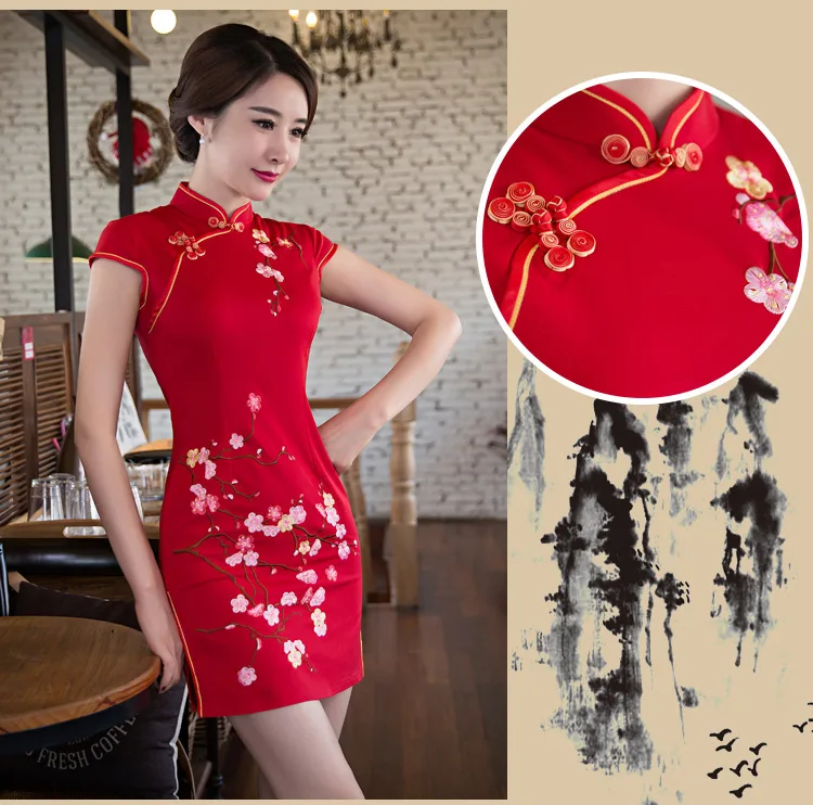 Цветочное вышитое платье-чанпао винтажный китайский воротник Qipao Новинка тонкий короткий рукав Улучшенный чёнсам Vestidos плюс размер s-xxl