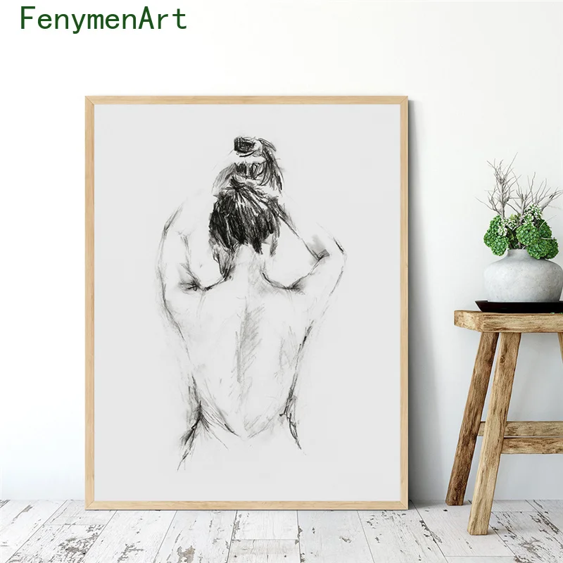 Minimalist Line Drawing Woman Poster Abstract Nude Bathing Woman Canvas Painting Modern Wall Art Picture Bathroom Home Decor