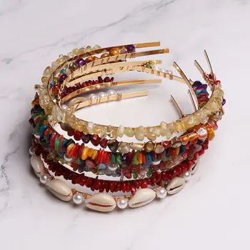 

1PC Handmade Braided Colorful Stones Hairbands Imitiation Pearl Shell Headbands Summer Beach Hair Bands Hair Accessories