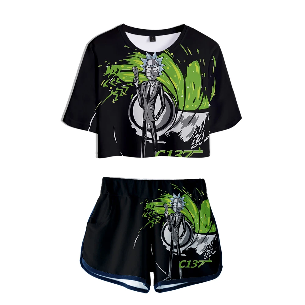 

2019 Cartoon Rick and Morty Season 4 Rick Sanchez Morty Smith Two Pieces sets Women Fashion girl Casual T-shirt+shorts Clothes
