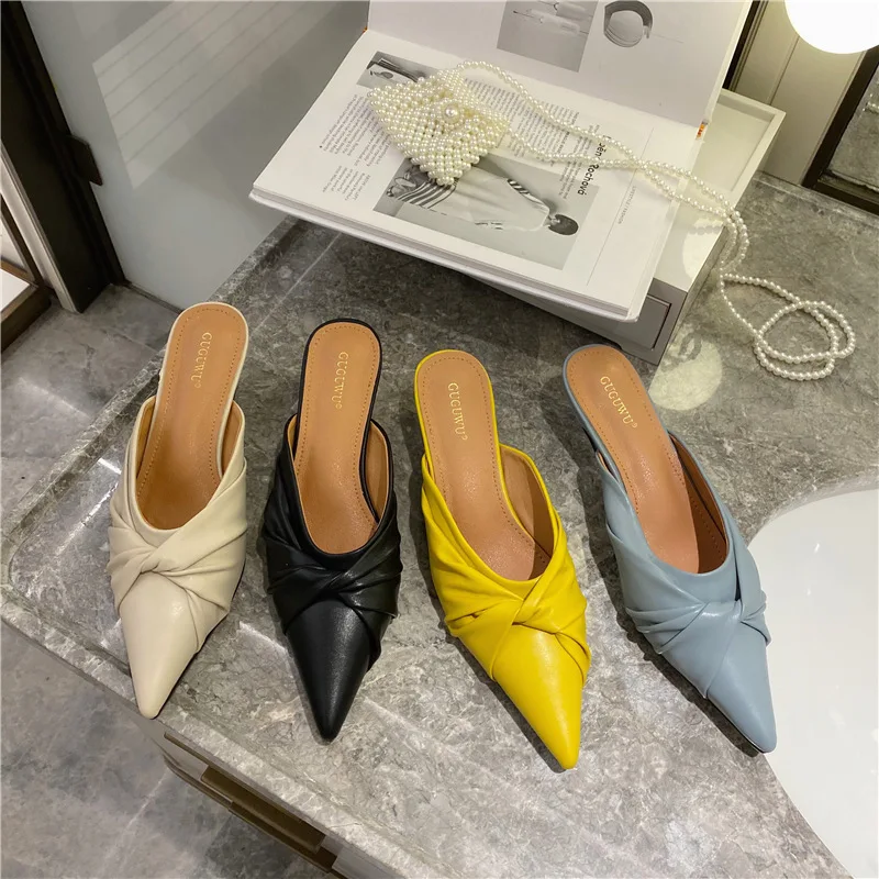 

Baotou Semi-slippers Women Wear 2020 New Medium-heel Wild Pointed Fine-heel Muller Slippers