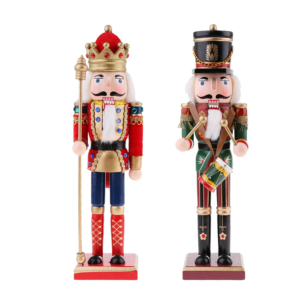 2 Pieces/Lot 30cm Hand Painted Wooden Nutcracker King Drummer Solider Figurine Puppet Doll Toy Birthday Gift Home Desk Decor