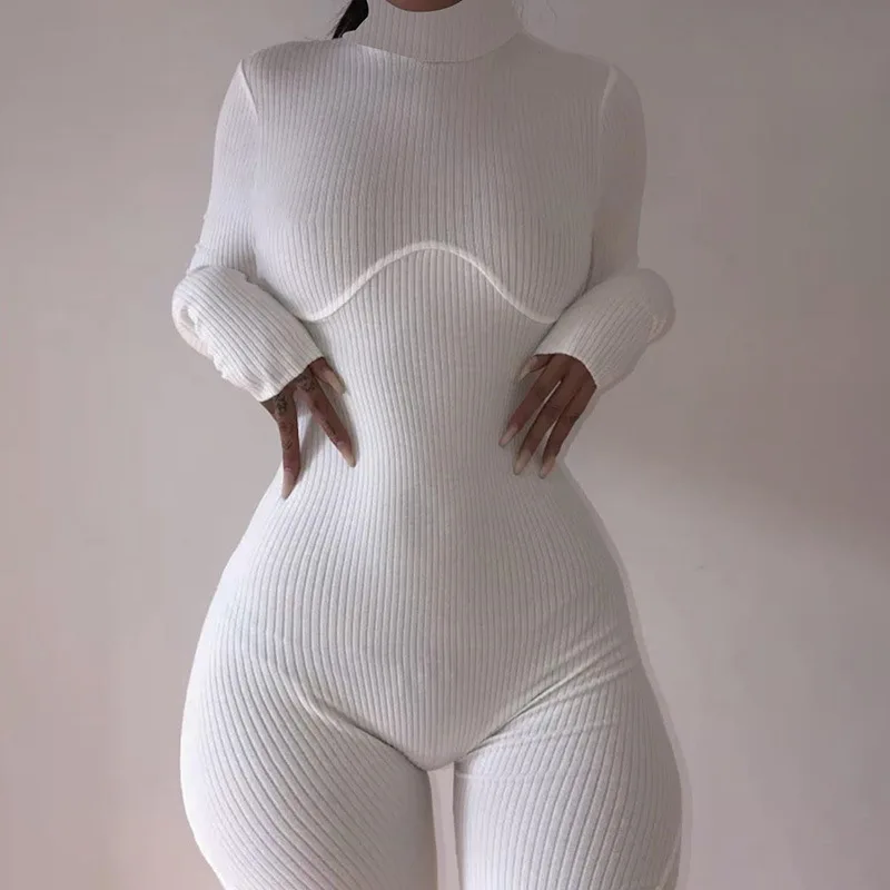 Summer Long Sleeve White Playsuit Women Ribbed Short Jumpsuit Fashion Bodycon Romper Fitness Sportswear Overalls Slim Outfits