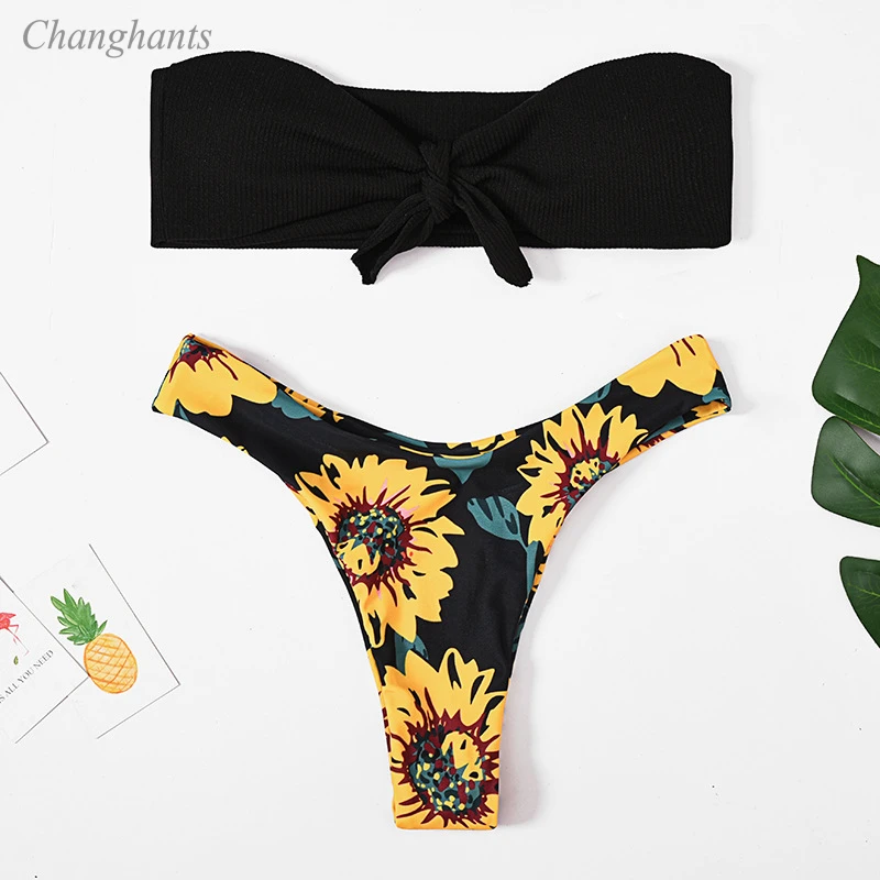 

2020 New Model Girls Floral Print Swimsuit Women Solid Sexy Bikini Set Female Two Pieces Swimwear Lady Sunflowers Bathing Suit