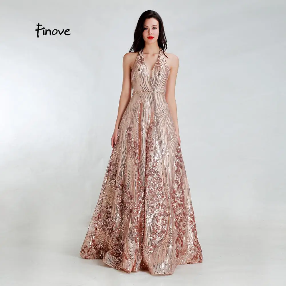 

Finove 2019 Formal Gold Evening Dresses Long Sexy V-neck Backless Sequined A-Line Party Gowns Floor-Length In Women' Dress Long