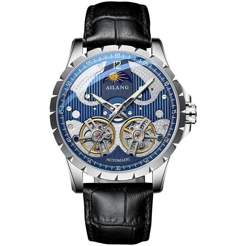 Мужские часы Механические тourbillon Moon phase Роскошные модные брендовые кожаные мужские спортивные часы мужские автоматические часы Relogio Masculino - Color: Silver Blue