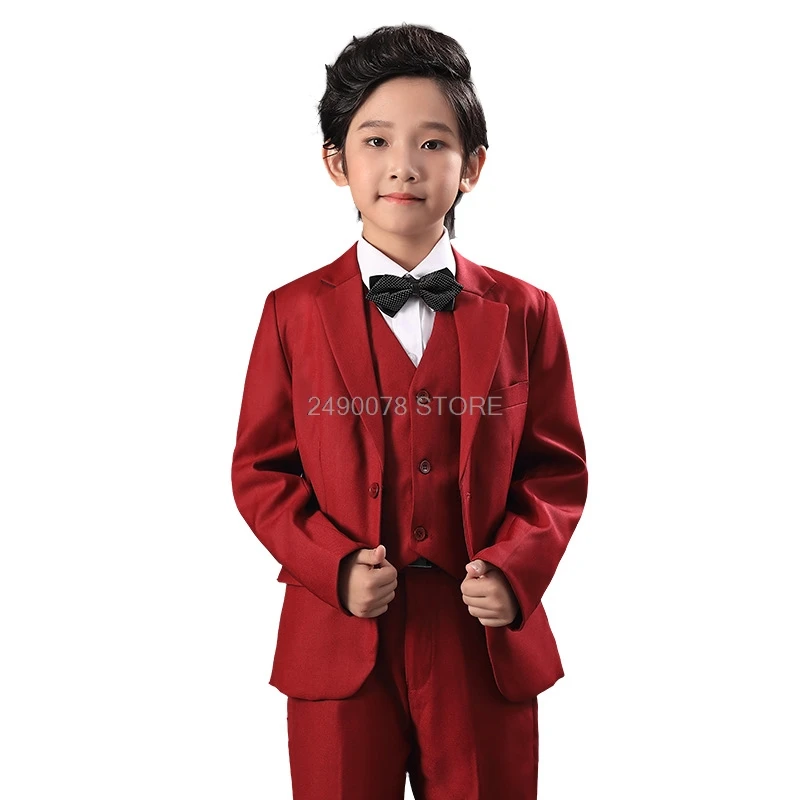 

Boys Red Jacket Vest Pants 3pcs Suit for Weddings Enfant Garcon Boys Blazer Dress Japan Kids Piano Stage Suits Costume