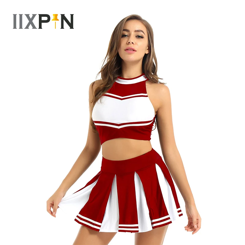 

Women Cheerleader Costume Rave Outfit Jazz Dance Costume School Girl Stand Collar Sleeveless Crop Top with Mini Pleated Skirt