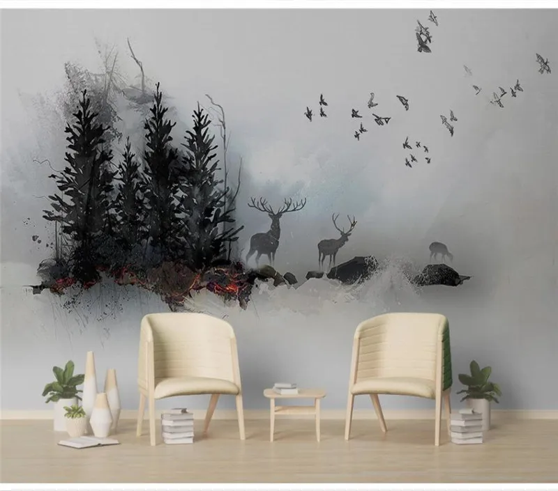 

XUESU Custom wallpaper wallpaper new Chinese artistic conception abstract ink landscape elk bird background wall
