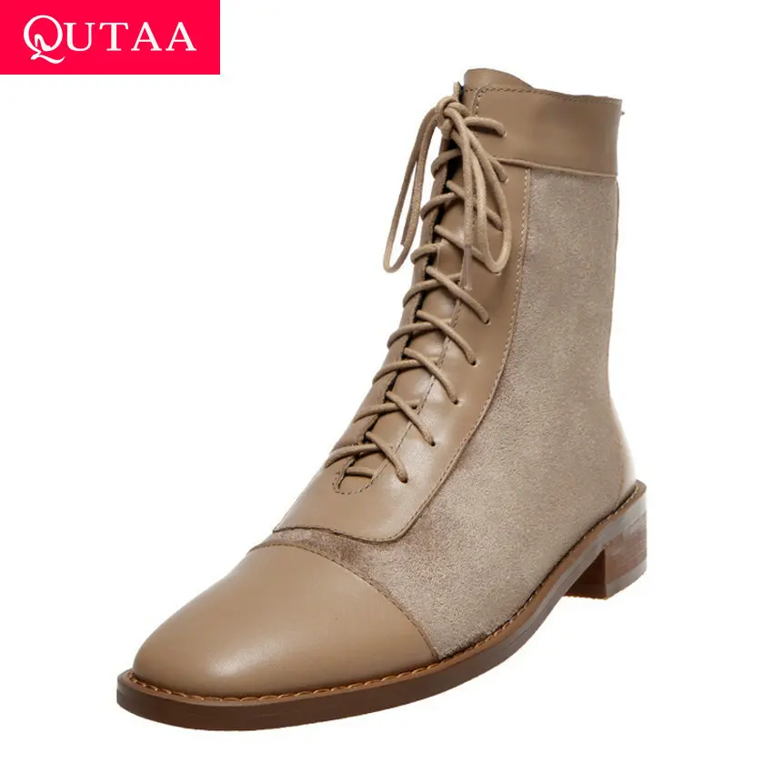 

QUTAA 2020 Retro Square Toe Patchwork Cow Leather Flock Ankle Boots Fashion Middle Heel Lace Up Zipper Women Shoes Size 34-39