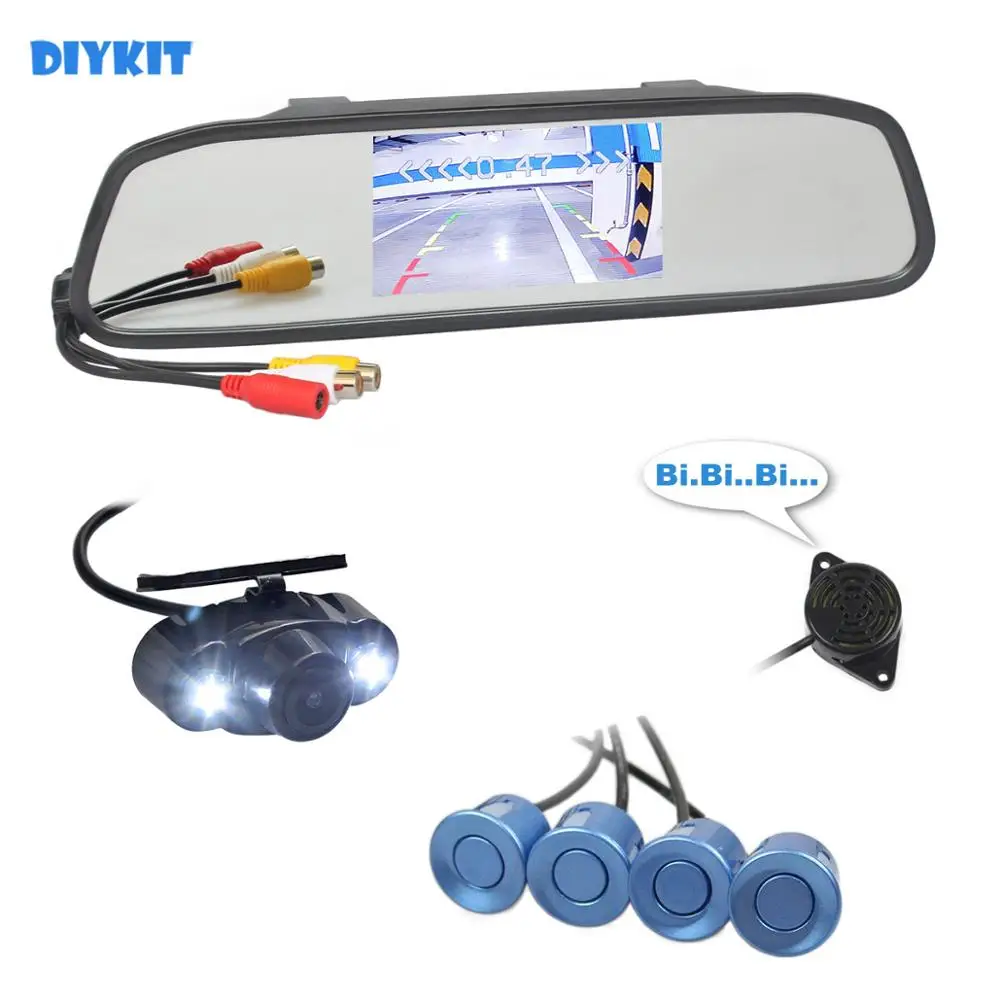 DIYKIT 4 датчика 3 дюймов зеркало заднего вида автомобиля монитор + Видео парковочный