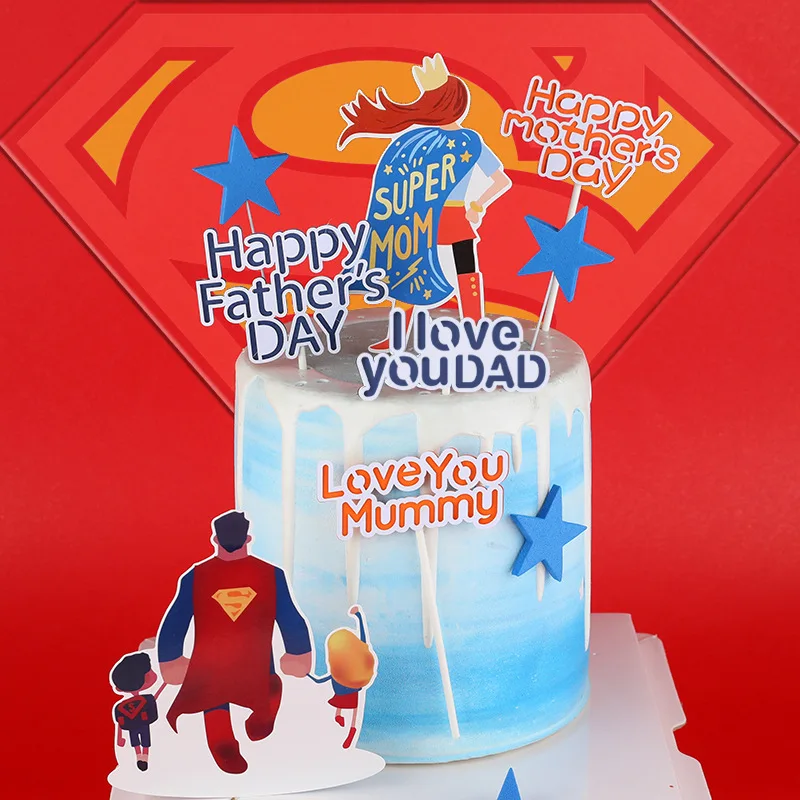2pcs/bag Fathers Mothers Day Cake Topper Decoration Cartoon Super Dad Mom Theme Party Supplies Candy Bar | Дом и сад