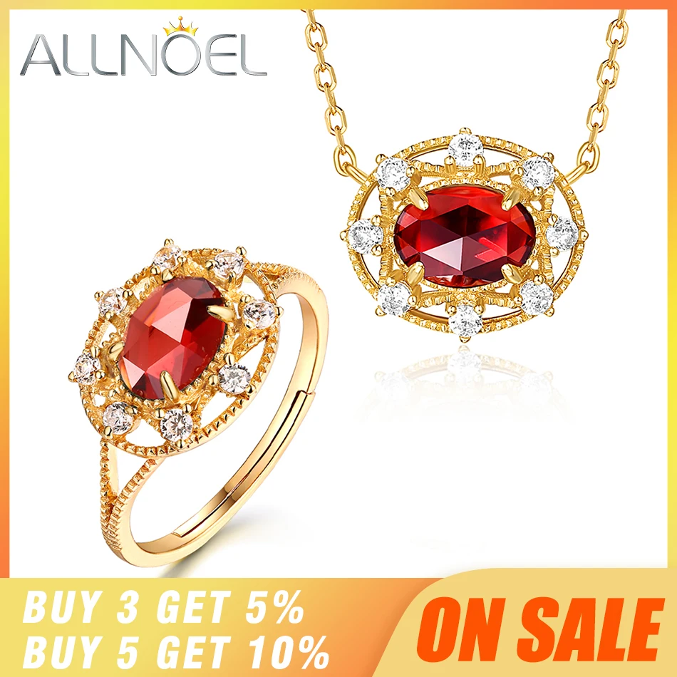 ALLNOEL, роскошные 925 пробы, серебряные гранаты, Ювелирные наборы для женщин, ожерелье, кольцо, набор драгоценных камней, хорошее ювелирное изделие, обручальное кольцо
