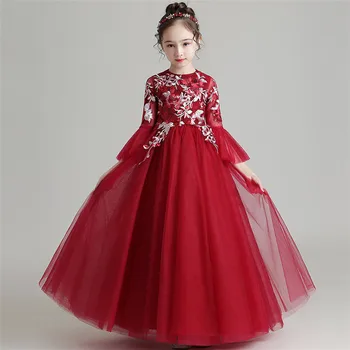 

Children Girls Luxury Embroidery Flowers Wine-red/Pink Color Wedding Party Birthday Princess Long Dress For New Year Festivals