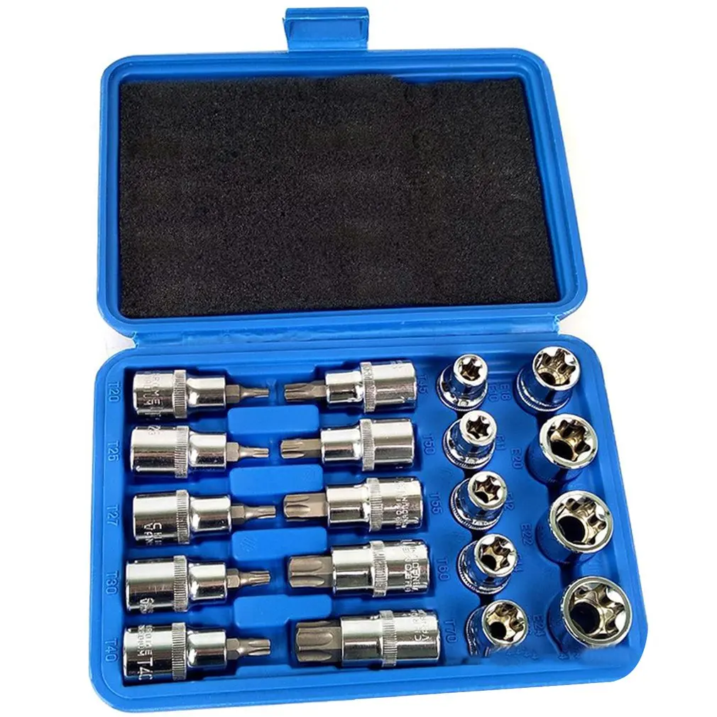 19pcs 1/2in Socket Set Drive Star Socket Bit Socket Set E10- E24 Torx T20- T70 Socket Pressure Batch Set Repair Tools
