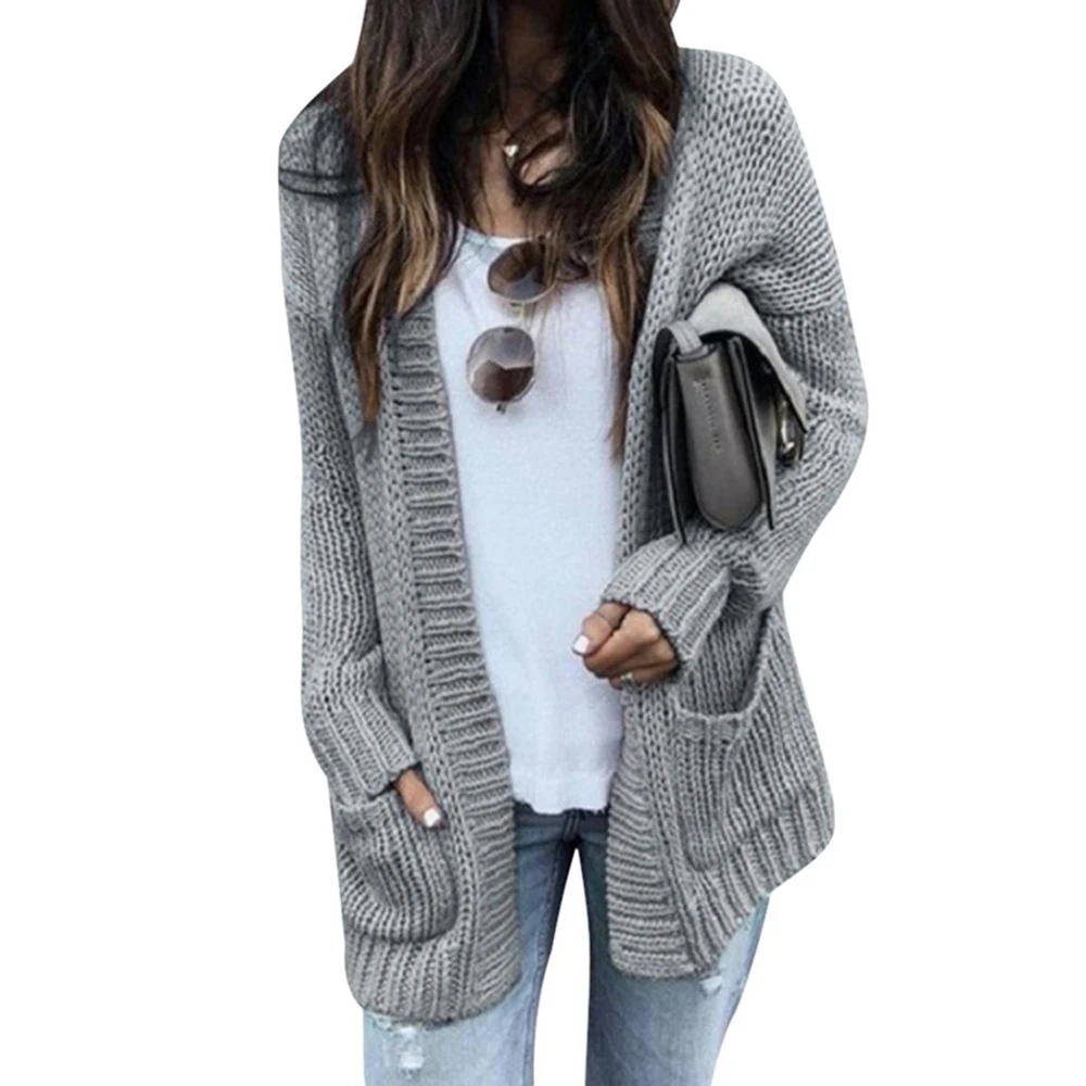 Gray Style 2 Новинка, хлопковый однотонный Кардиган с длинным рукавом, вязаный свитер для женщин, открытый стежок, Повседневные свитера для женщин, Invierno, Свободный кардиган Mujer - Цвет: Gray Style 2