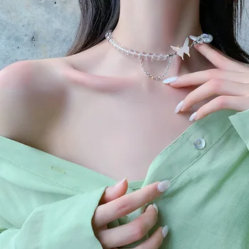 

Hot Selling Immortal Butterfly GIRL'S Necklace Transparent Crystal Titanium Steel Choker Simple Elegant