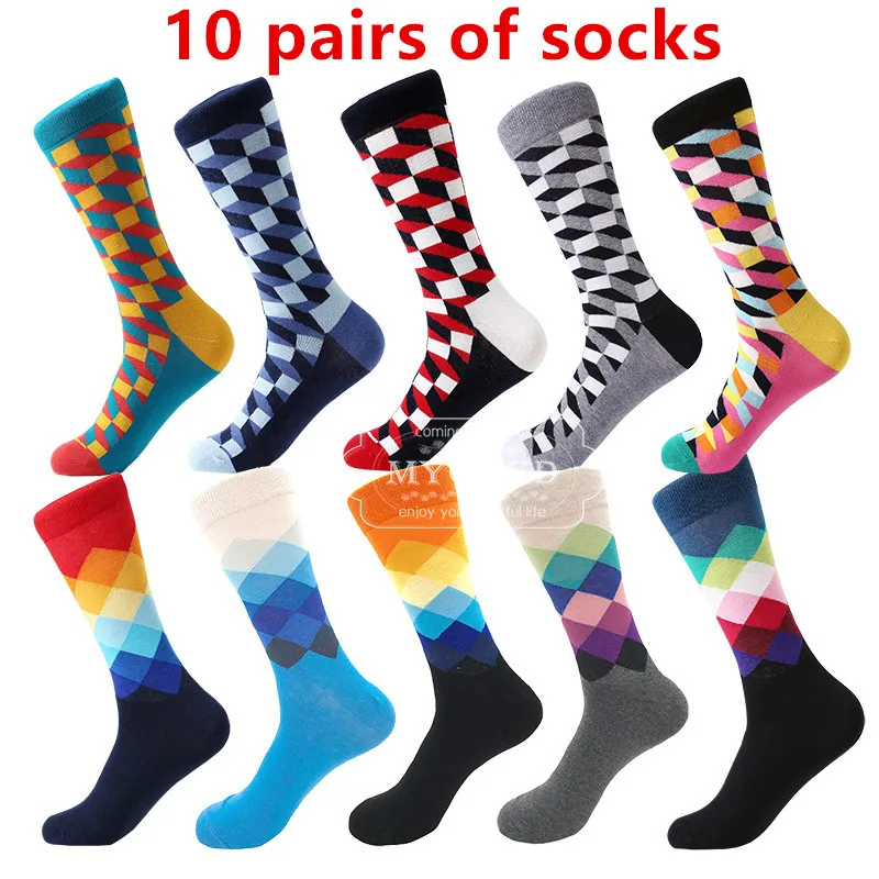 MYORED мужские Красочные Повседневное платье, носки из чёсаного хлопка в полоску в клетку с геометрическим узором в клетку, модный дизайн, высокое качество - Цвет: 10 pairs of socks