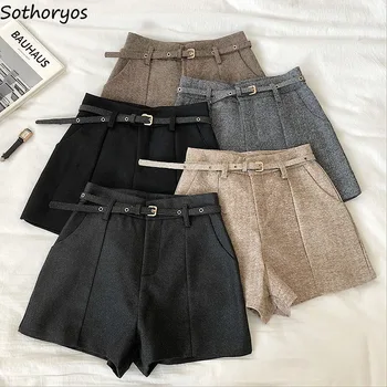 

Shorts Women Winter Sashes High-waist Solid Zipper Slim Korean Style Elegant All-match Students Office Ladies Chic Retro Ulzzang