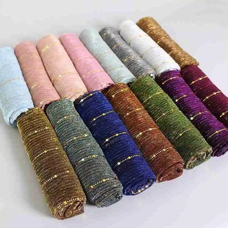 

Women Scarf New Fashion Pleated Sparkling Shiny Gold Silk Solid Color Muslim Head Scarf Shawls Wraps Female Soft Islamic Scarf