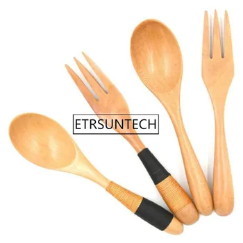 

100sets Wrapped With Thread Wooden Spoon Fork Tableware Set Japanese Style Portable Dinnerware Set