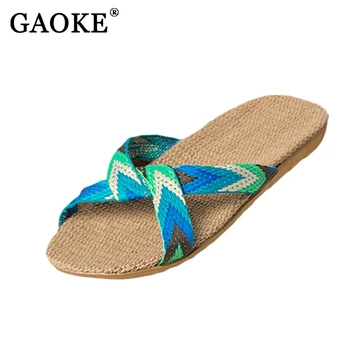 

Print Vacation Beach Style Shoes Women Slippers Strap Flip Flops Pantufa Flat Sandals Cotton Linen Anti Slip Home Slippers