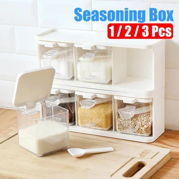 

New Vertically Rotatable Storage Seasoning Boxes Spice Jar Bottle with Handle & Spoon Kitchen Storage Container Herb Spice Tools