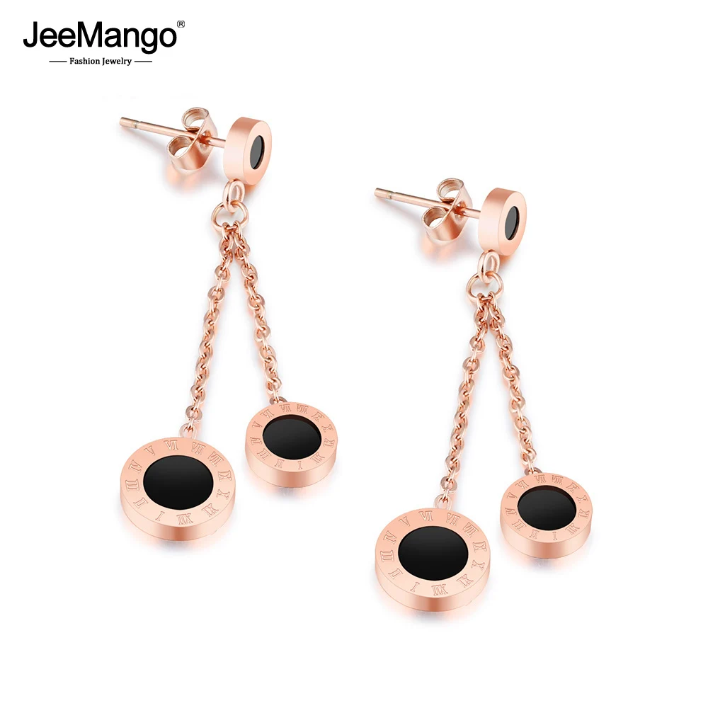 JeeMango модные черные акриловые римские цифры кисточкой серьги для женщин розовое золото и Титан женское из нержавеющей стали серьги JE17088