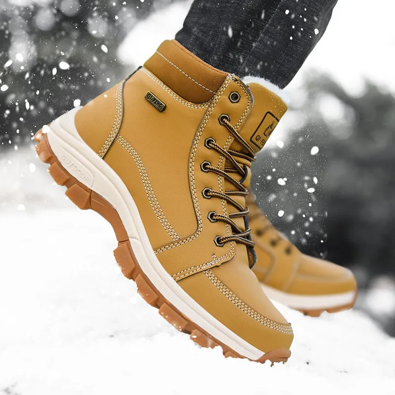 Brand Winter Leather Men Boots Plush Warm Men Snow Boots Outdoor Non-slip Hiking Boots Men Winter Shoes Men Sneakers Size 39-48