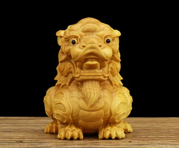 

65MM Chinese Box-wood HandCarved Animal Kylin Chi-lin Qilin Qi Lin Wealth Statue