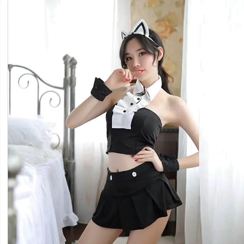 Sexy Lingerie Women Sexy Nightdress Cute Cat Ears Girl Game Play Stucent Uniform Temptation Adult Suit Costume cosplay costume,latex lingerie,sexy fetish wear,women bondage lingerie