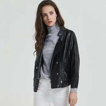 

Women's Fashion Motorcycle PU Leather JacketPocket Casual Short Black Coat