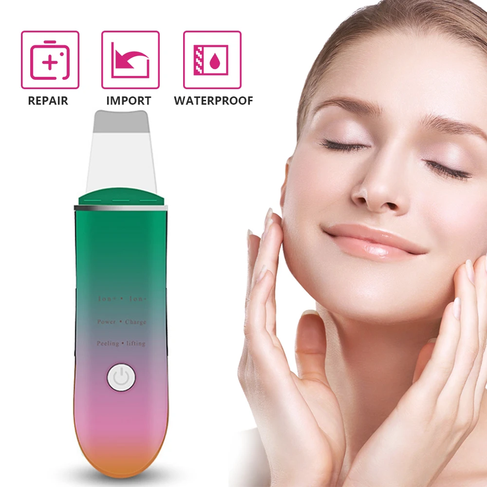 

JuneJour Rechargeable Ultrasonic Ion Face Skin Scrubber Facial Cleaner Cleansing Spatula Peeling Vibration Blackhead Exfoliating