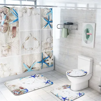 

Shower Curtains set 4PCS Non Slip Beach style pattern Toilet Polyester Cover Mat Set starfish Bathroom Shower Curtain new