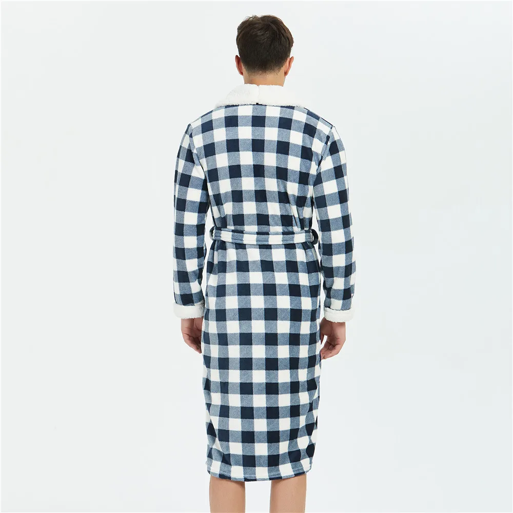 Novelty Plaid Men Flannel Sleepwear Comfortable Keep Warm Homewear Bathrobe Gown Winter Casual Soft Nightwear Intimate Lingerie