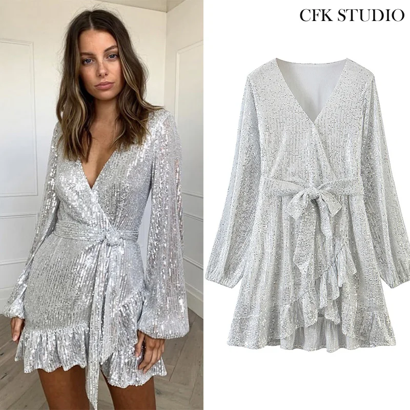 Women Party Minidress with V-neck Sequined Print Long Sleeve A-line Dress Femme Autumn Sexy Club White | Женская одежда